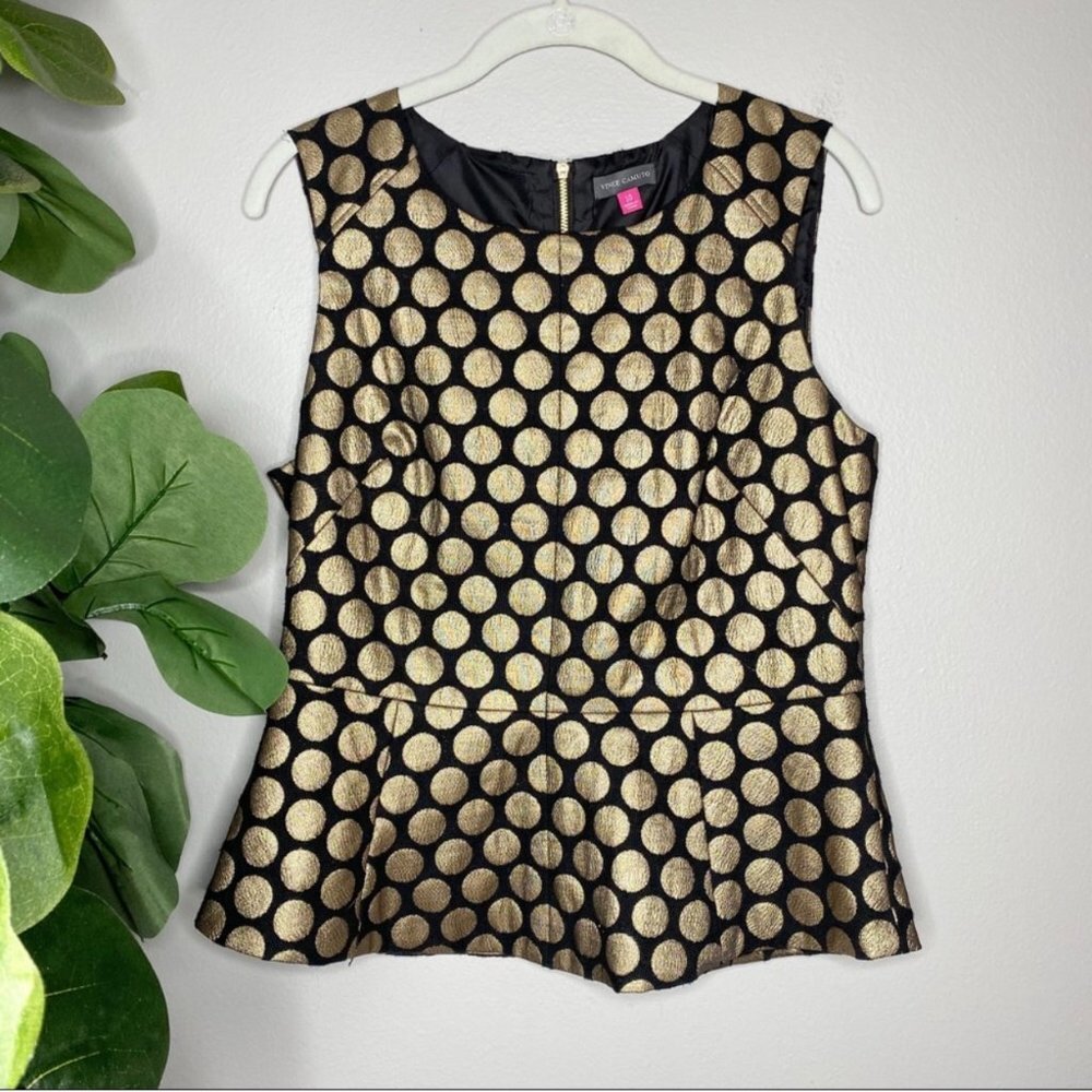 Vince Camuto Sleeveless Polka Dot Peplum Top Black/Gold w/ Zipper Back Size 10